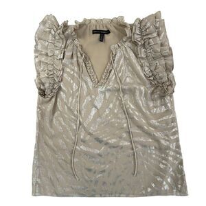 White House Black Market Ruffled Cap Sleeve Split Neck Metallic Top M Silver Tan